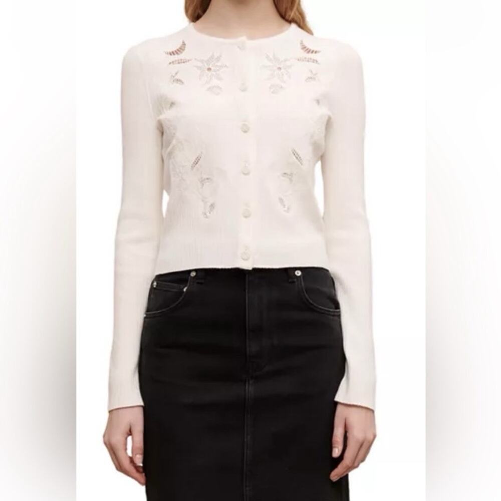 Maje Mysana Embroidered Ribbed Cardigan Size 1 Small Cream Ivory Button Up